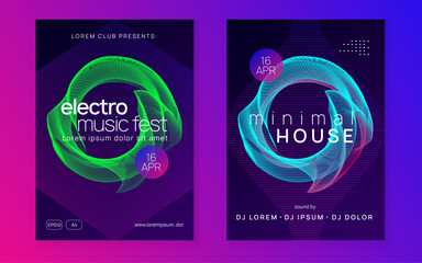 Naklejka premium Electro event neon flyer. Trance dance music. Electronic sound. Club fest poster. Techno dj party.