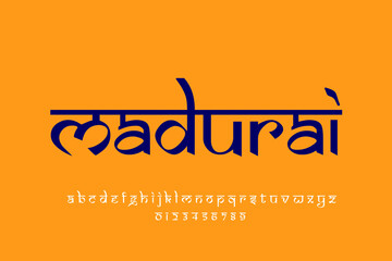 Indian City madurai text design. Indian style Latin font design, Devanagari inspired alphabet, letters and numbers, illustration.