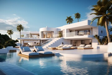 Realistic depiction of luxurious Ibiza villa amidst serene surroundings. Generative AI