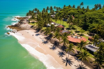 Aerial view of Rio Verde beach in Trancoso, Porto Seguro, Bahia. Generative AI - obrazy, fototapety, plakaty