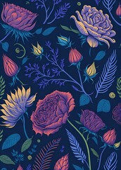 A detailed illustration of flowers, roses, a variety of colorful flowers, seamless pattern