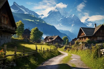 Swiss village and Dundenhorn mountain. Generative AI