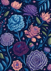 A detailed illustration of flowers, roses, a variety of colorful flowers, seamless pattern
