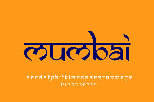 Indian City Mumbai text design. Indian style Latin font design, Devanagari inspired alphabet, letters and numbers, illustration.