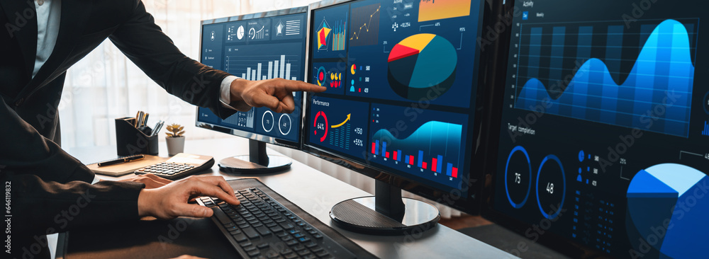 Poster analyst working on data analysis or bi dashboard on computer monitor. business team analyzing financ