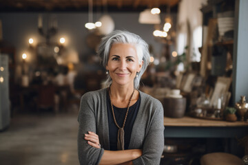 Portrait of a smiling woman with grey hair, small business owner in her furniture store
