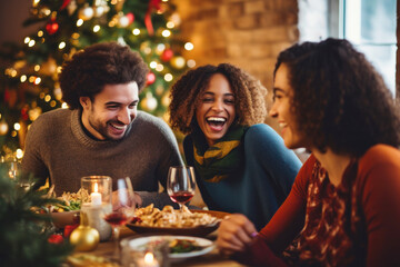 Friends Laughing and Enjoying Christmas Dinner Together