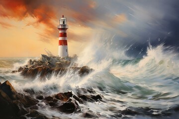 Fototapeta na wymiar A depiction of a lighthouse and the crashing sea in acrylic oil medium. Generative AI