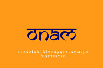 Indian holiday " Onam " text design. Indian style Latin font design, Devanagari inspired alphabet, letters and numbers, illustration