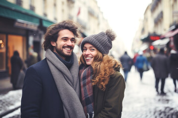 Fototapeta premium A young cheerful couple having fun in Paris, Enjoying Christmas Market