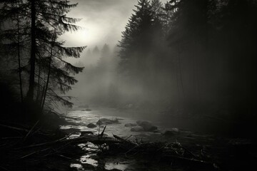 Eerie scene of a misty, dimly lit forest alongside a river on an autumn night, captured in black and white. Generative AI