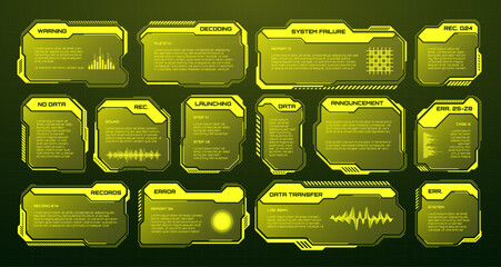 Fototapeta Yellow futuristic HUD, UI elements. Sci-fi user interface text boxes, callouts. Warning message frames, information boxes template. Modern game interface layout in digital style. Vector illustration obraz