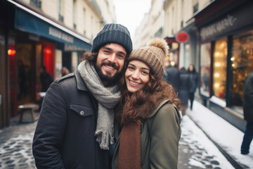 A young cheerful couple having fun in Paris, Enjoying Christmas Market
