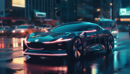 Fototapeta na wymiar Modern sports car driving through city streets at night generated by AI