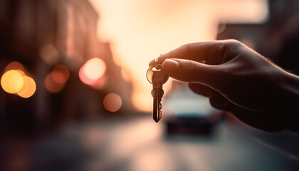 Successful young adult holding car key, ready for home ownership generated by AI