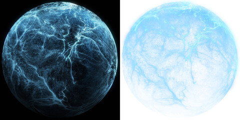 abstract orb comprised of swirling particles and radiant energy, forming intricate turbulent shapes in striking blue hues. Isolated on black and transparent backgrounds for easy overlay
