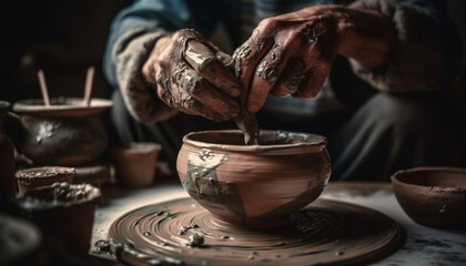 Craftspeople working with clay, spinning and turning pottery creations indoors generated by AI