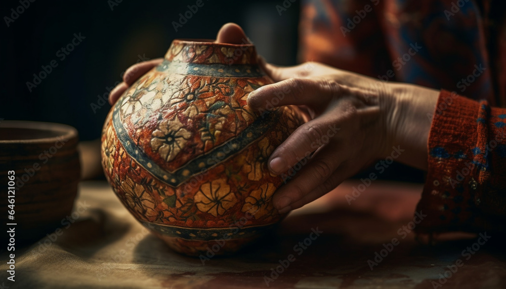 Poster craftspeople skillfully create earthenware pottery using traditional techniques and patterns generat