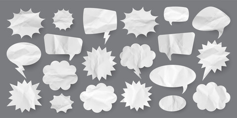 Crumpled paper comic speech bubbles. Hand drawn retro cartoon stickers. Pop art style. Old, vintage dialog boxes with cardboard texture. Vector illustration © 32 pixels