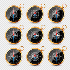 Vintage compass, marine wind rose with cardinal directions of North, East, South, West. Realistic golden navigational compass, shiny metal. Cartography and navigation. Vector illustration