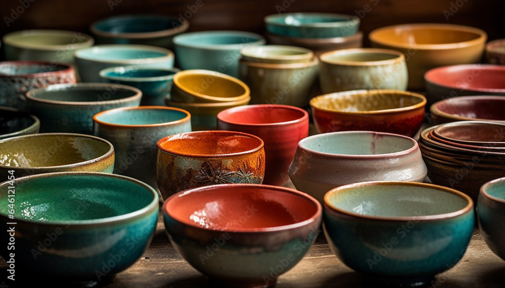 Poster a vibrant collection of earthenware pottery in various patterns and colors generated by ai