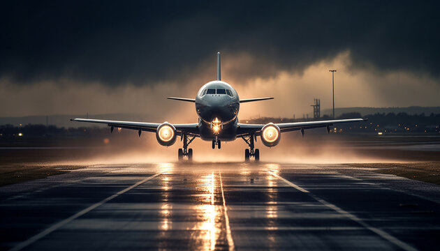Taking off, flying high, dusk journey, illuminated sky, speed mode generated by AI