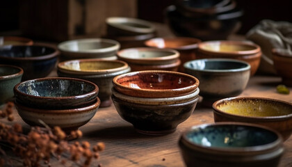 Multi colored earthenware pottery bowl with ornate indigenous pattern decoration generated by AI