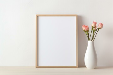 Table on white background with frame and vase. Generative AI