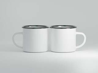 Enamel 12 oz Camping Mugs Mock Up on a Plain White Background as 3D Rendering - Two Mugs.