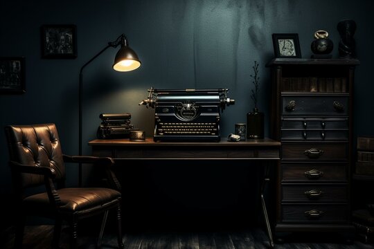 Retro noir office setup featuring a classic typewriter on an antique desk. Generative AI