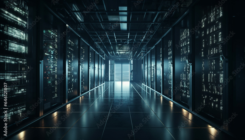 Aufkleber futuristic computer equipment in a row, connected to global network server generated by ai