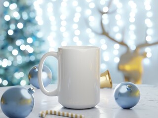 Obraz na płótnie Canvas 15 oz White Ceramic Mug Mock Up with Christmas Decorations and Bright Lights Unfocused as 3D Rendering.