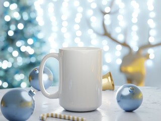 15 oz White Ceramic Mug Mock Up with Christmas Decorations and Bright Lights Unfocused as 3D Rendering.