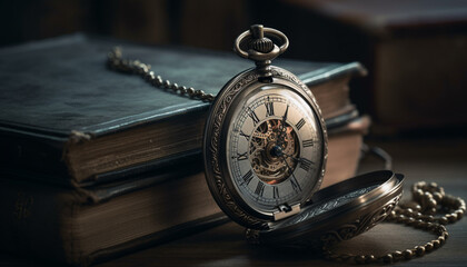Antique pocket watch on old table, a symbol of wisdom generated by AI - obrazy, fototapety, plakaty