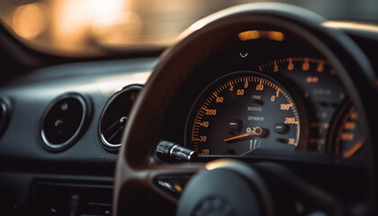 Sporty luxury car dashboard with chrome gauges and speedometer knob generated by AI - obrazy, fototapety, plakaty