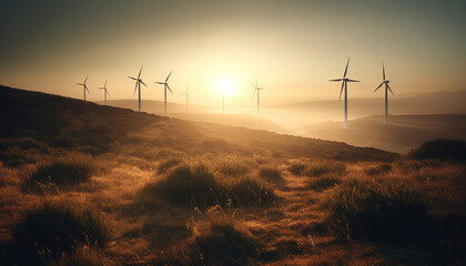 Obraz premium Wind turbines spin, generating sustainable power in beautiful landscapes generated by AI