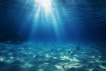 Fototapeta na wymiar Sunlit empty blue underwater with sand sea floor. Generative AI
