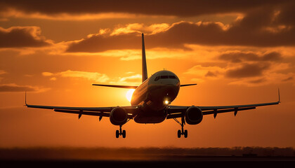 Fototapeta na wymiar Silhouette of commercial airplane taking off at sunset, leaving mid air generated by AI