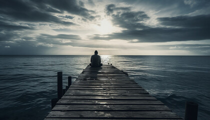 Obraz premium One person sitting on jetty, enjoying tranquil sunset vacation generated by AI