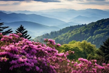 A panoramic view of the Smoky Mountains from the Blue Ridge Parkway in North Carolina. Flowers blooming, layers of green hills and mountains. Near Asheville. Generative AI