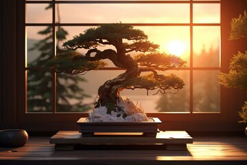Zen bonsai tree on stand with sunlight and traditional window frame, created using 3D technology. Generative AI