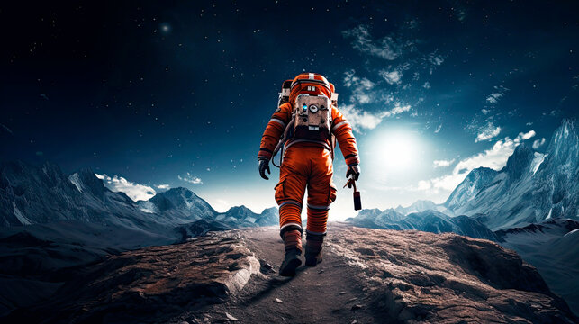 silueta de un astronauta futurista caminando en un planeta desconocido