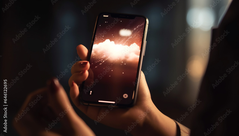 Poster hand holding illuminated touch screen mobile phone for text messaging generated by ai
