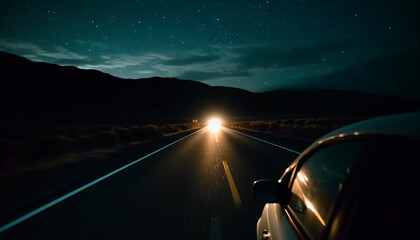 Driving through the dark, illuminated by star trail and headlights generated by AI