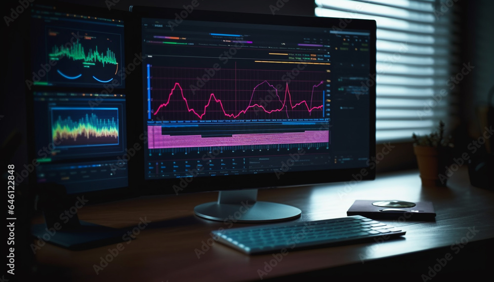 Poster modern healthcare technology illuminates pulse trace on computer monitor generated by ai