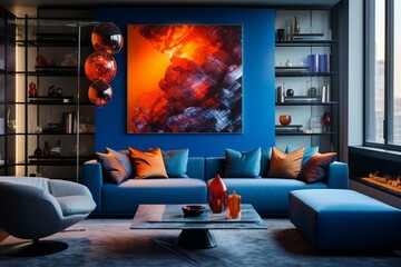 Contemporary living space with blue decor. Generative AI