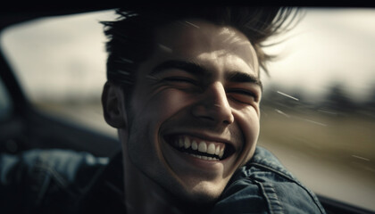Smiling young adult driving car, enjoying road trip adventure outdoors generated by AI
