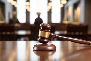 Brown gavel on wooden table and a lawyer in the background, close-up view, Law and justice concept. Lawyers desk. Judge's gavel, statue of justice, scales