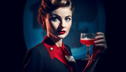 Beautiful young woman holding wineglass, looking at camera with elegance generated by AI