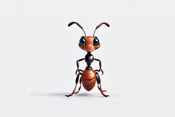 Cute 3D animation character style ant standing portrait on empty white background - Generative AI